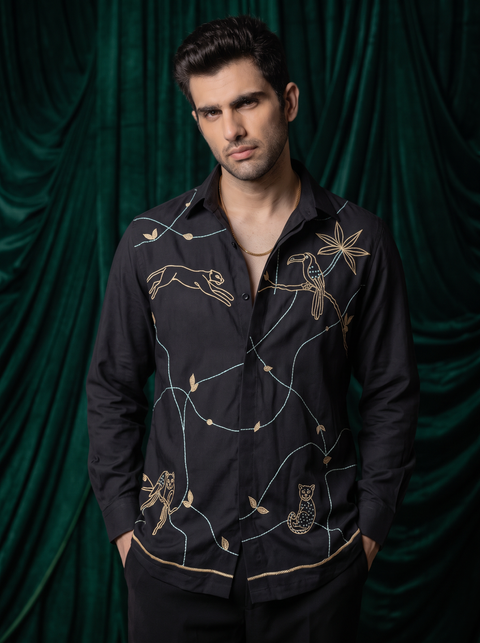 Serein — Black Thread Embroidered 4-Way Stretch Shirt