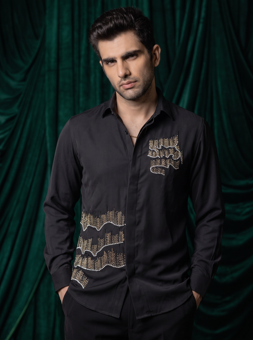 Resonance — Black Hand Embroidered Armani Fabric Shirt