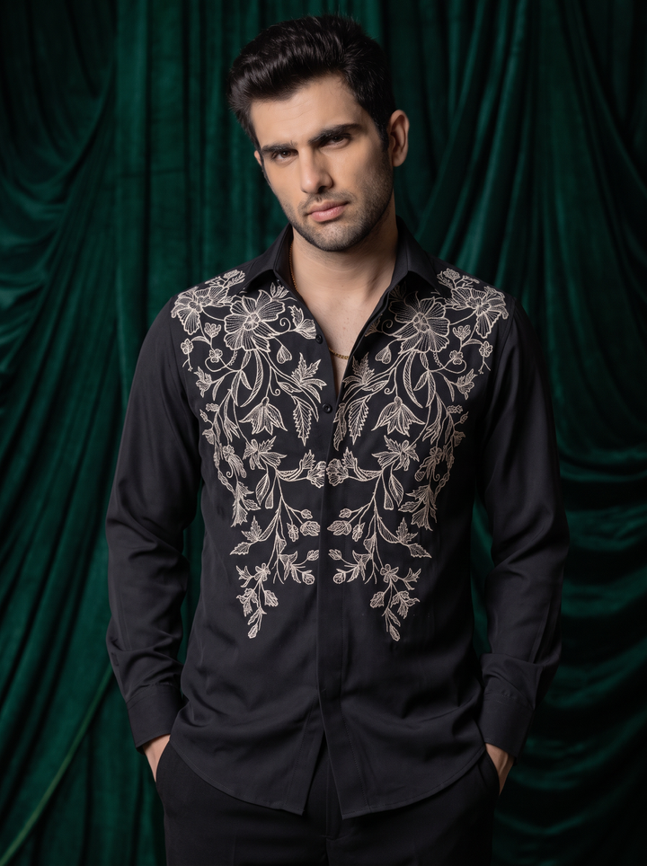 Vine — Black Thread Embroidered 4-Way Stretch Shirt