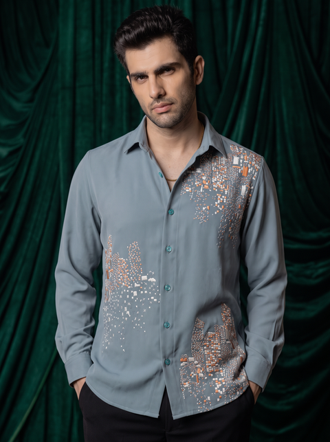 Celio — Sea Green Thread Embroidered Armani Fabric Shirt