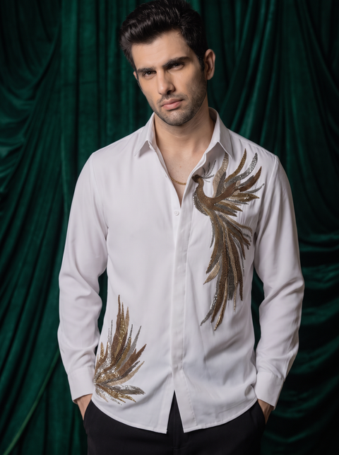 Plumage — White Hand Embroidered 4-Way Stretch Shirt