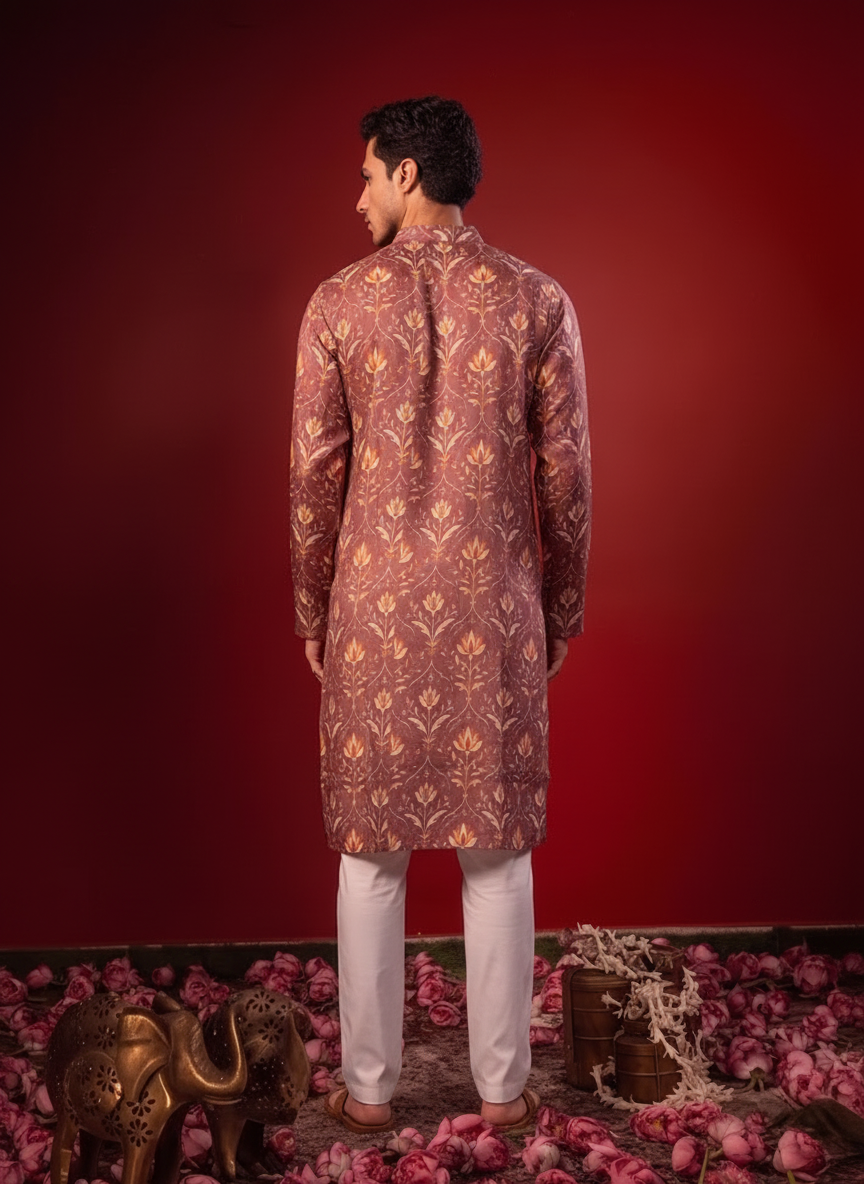 Amaya — Dusty Mauve Printed Falling Raw Silk Kurta