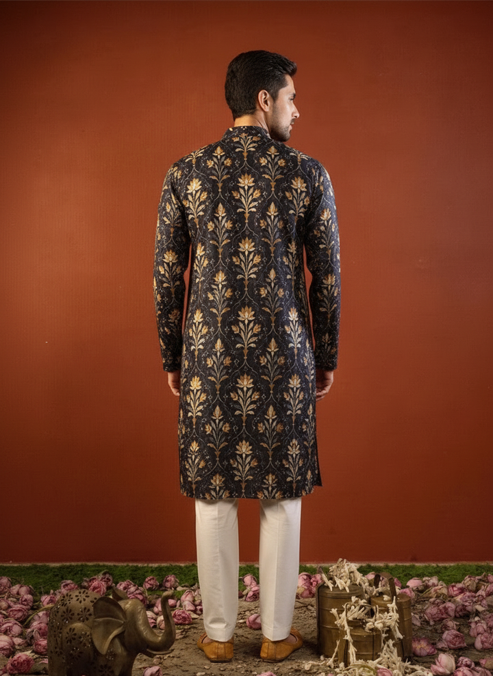 Kanjal — Midnight Blue Printed Falling Raw Silk Kurta