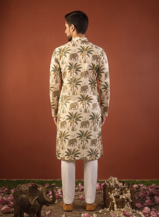 Kadali — Cream Printed Falling Raw Silk Kurta
