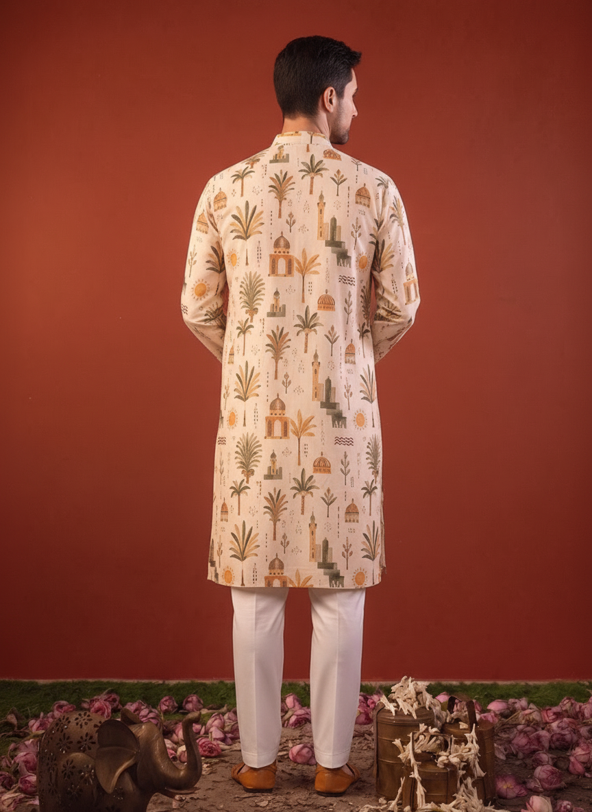 Varun— Cream Printed Falling Raw Silk Kurta
