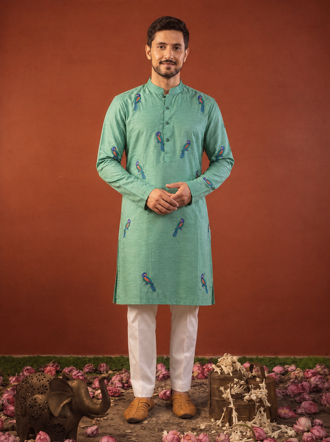 Shuka — Sea Green Parrot Thread Embroidered Falling Raw Silk Kurta