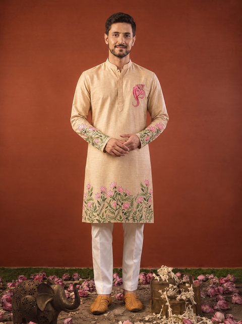Pushpangan — Beige Hand Painted Falling Raw Silk Kurta