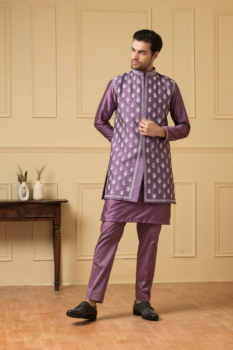 Suave — Purple Embroidered Semi Raw Silk Indo-Western