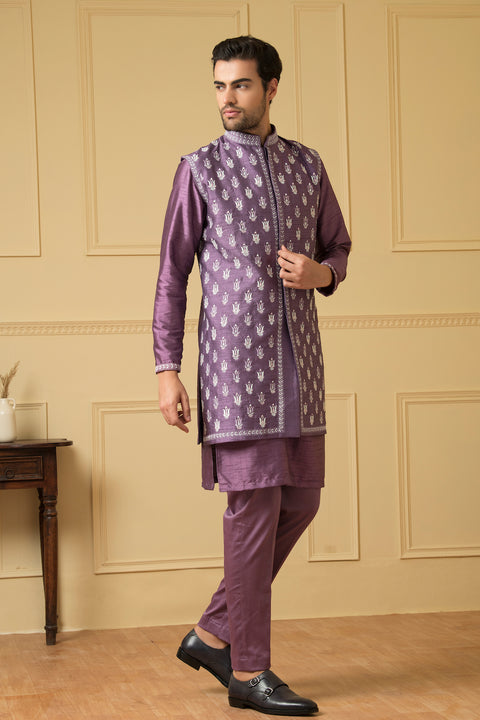 Suave — Purple Embroidered Semi Raw Silk Indo-Western
