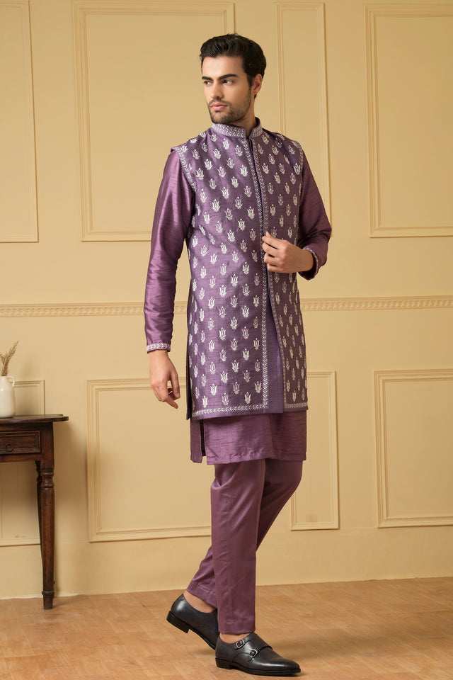Suave — Purple Embroidered Semi Raw Silk Indo-Western