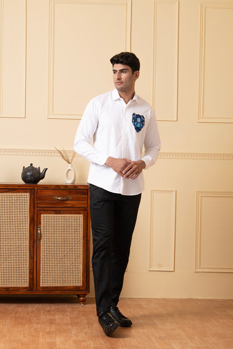 Fierce — White Thread Embroidered Giza Cotton Shirt