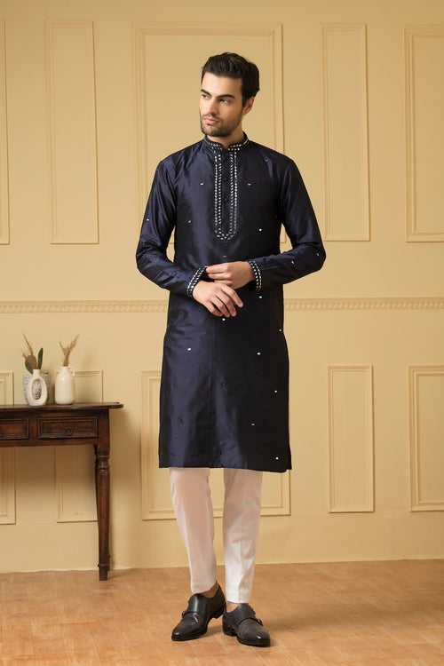 Exquisite — Midnight Blue Hand Mirror Embroidered Dupion Silk Kurta