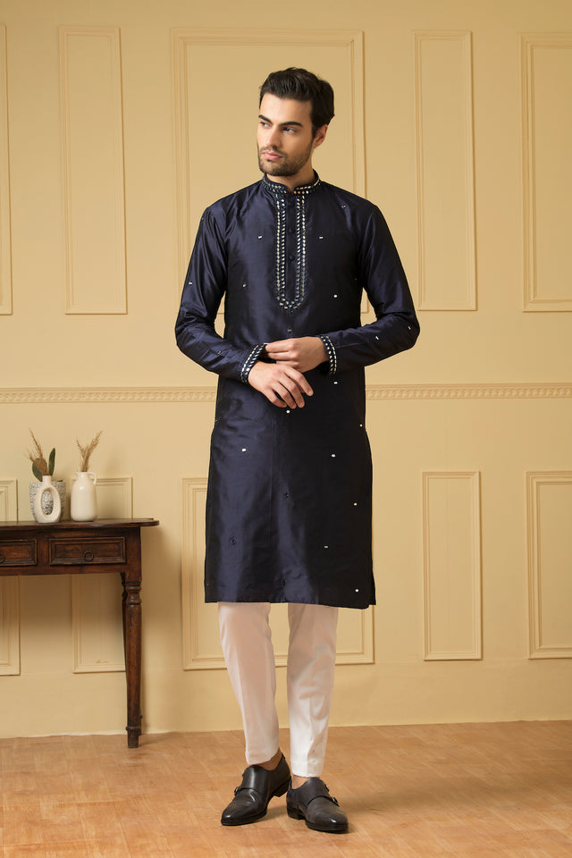 Exquisite — Midnight Blue Hand Mirror Embroidered Dupion Silk Kurta