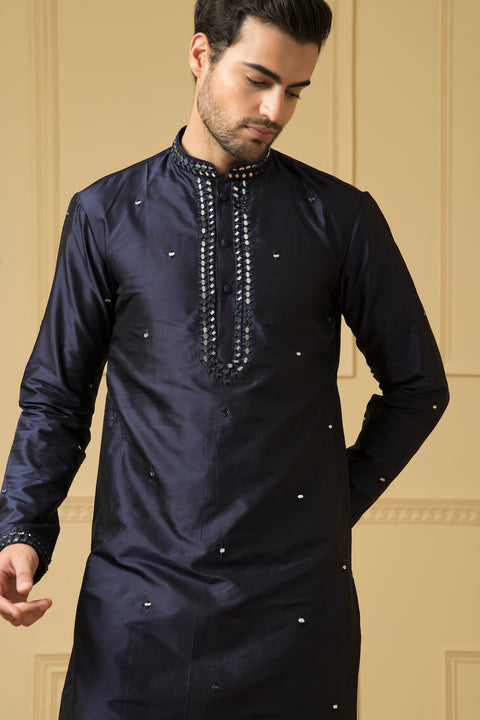 Exquisite — Midnight Blue Hand Mirror Embroidered Dupion Silk Kurta