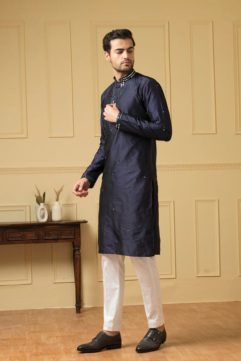 Exquisite — Midnight Blue Hand Mirror Embroidered Dupion Silk Kurta