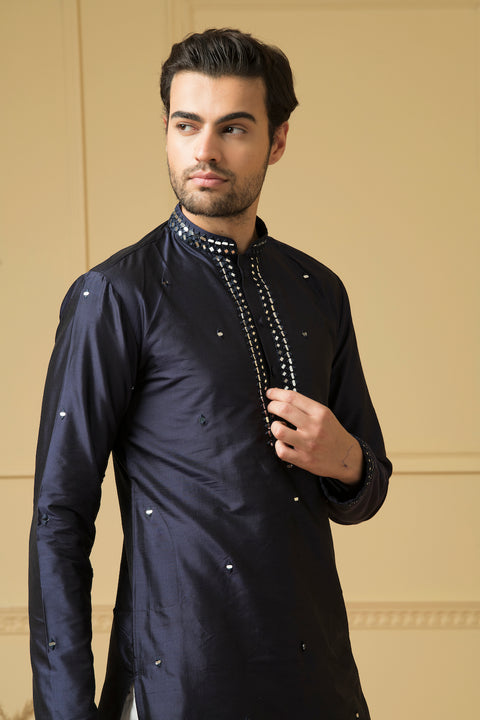 Exquisite — Midnight Blue Hand Mirror Embroidered Dupion Silk Kurta