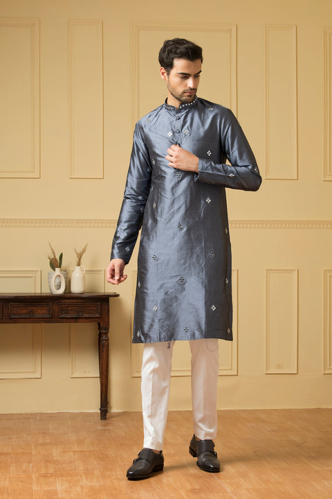 Armonia — Grey Blue Hand Mirror Embroidered Dupion Silk Kurta