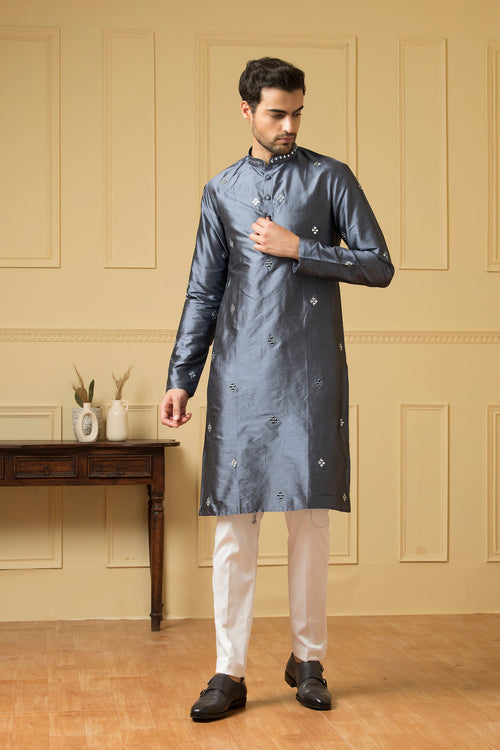 Armonia — Grey Blue Hand Mirror Embroidered Dupion Silk Kurta