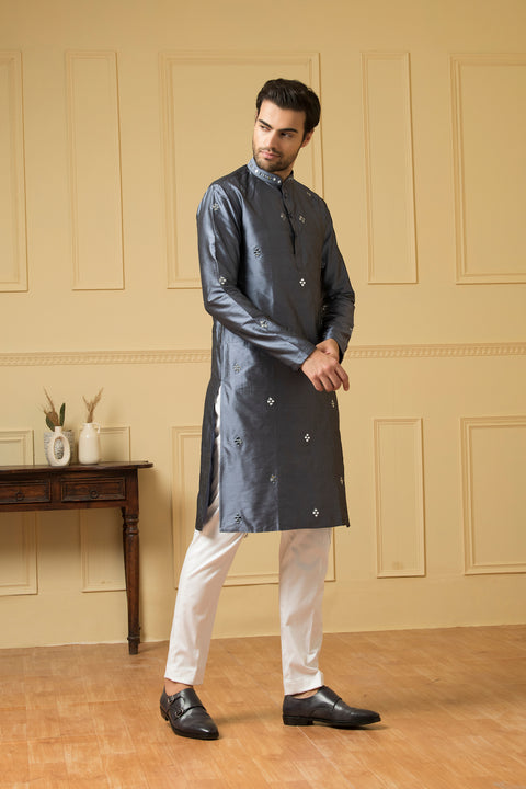 Armonia — Grey Blue Hand Mirror Embroidered Dupion Silk Kurta