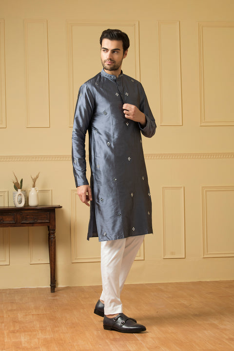 Armonia — Grey Blue Hand Mirror Embroidered Dupion Silk Kurta