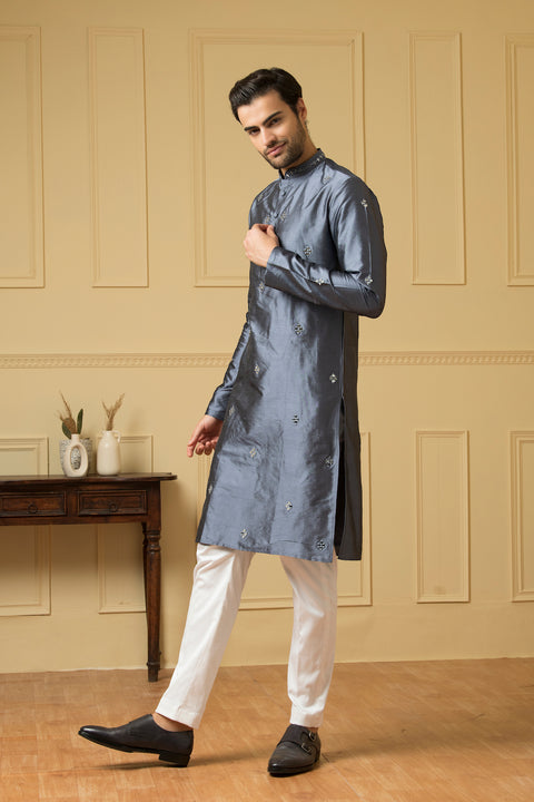 Armonia — Grey Blue Hand Mirror Embroidered Dupion Silk Kurta