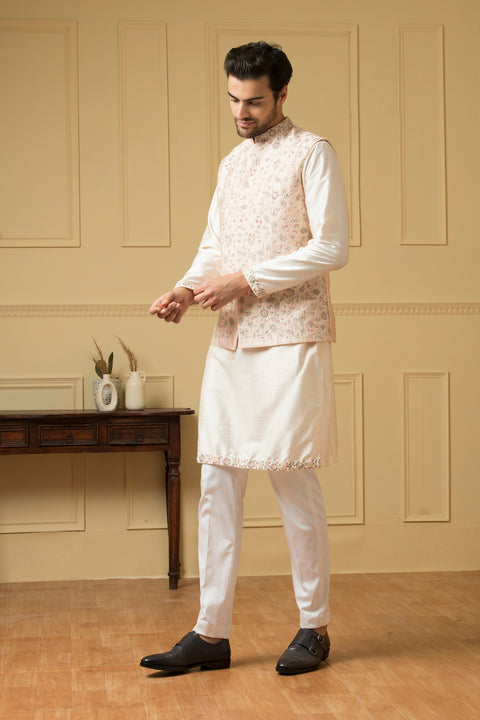 Fiori — Peach Thread Embroidered Semi Raw Silk Nehru Jacket