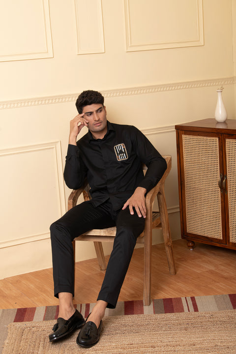 Suit — Black Hand Embroidered Giza Cotton Shirt