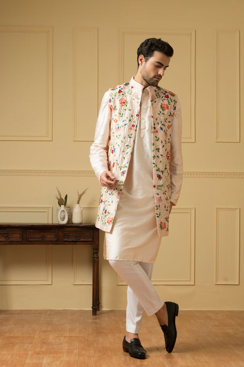 Divino — Off White Embroidered Semi Raw Silk Indo-Western