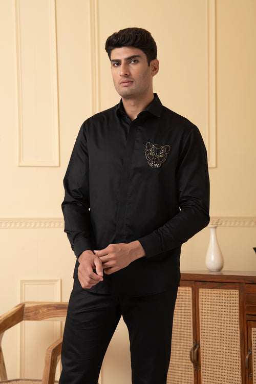 Regalroar — Black Hand Embroidered Giza Cotton Shirt