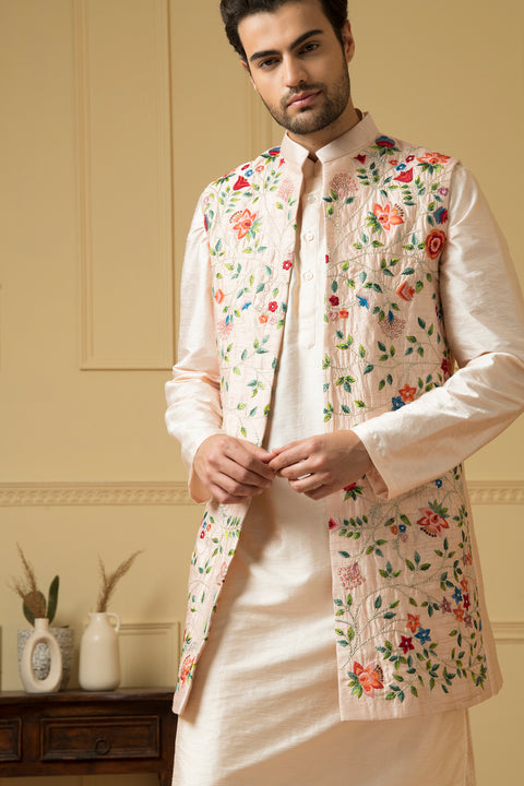 Divino — Off White Embroidered Semi Raw Silk Indo-Western