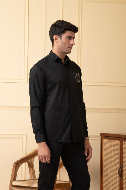 Regalroar — Black Hand Embroidered Giza Cotton Shirt