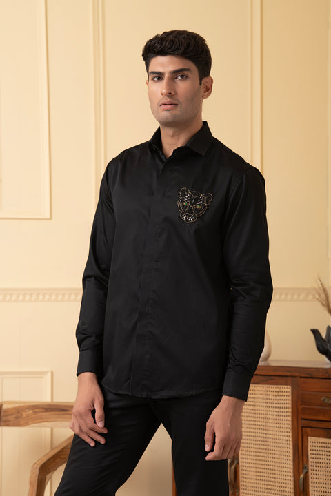 Regalroar — Black Hand Embroidered Giza Cotton Shirt