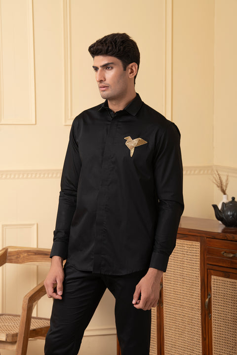 Origami — Black Hand Embroidered Giza Cotton Shirt