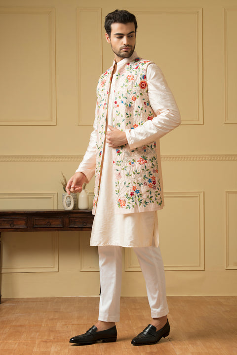 Divino — Off White Embroidered Semi Raw Silk Indo-Western