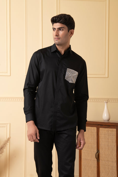 Square — Black Hand Embroidered Giza Cotton Shirt