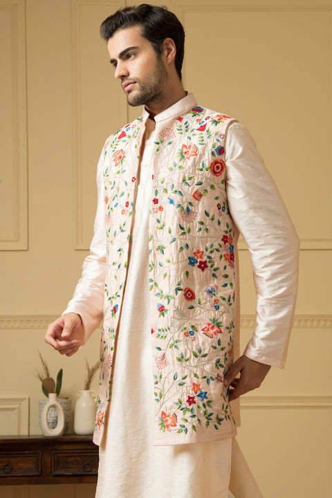 Divino — Off White Embroidered Semi Raw Silk Indo-Western