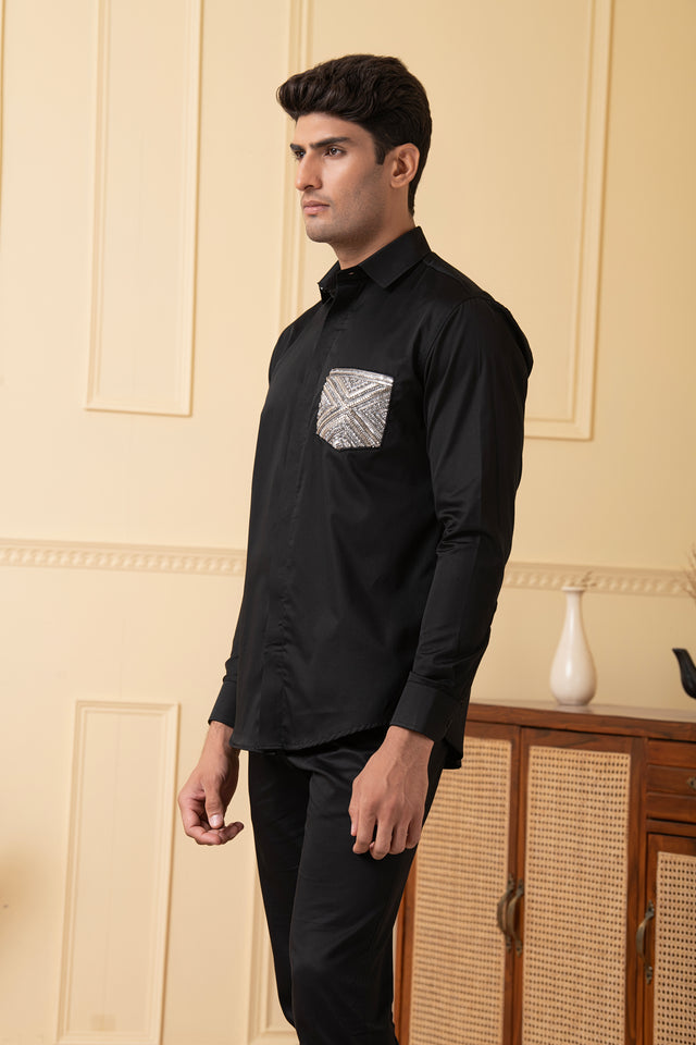Square — Black Hand Embroidered Giza Cotton Shirt