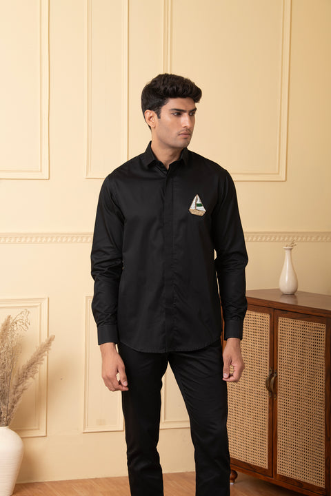 Voyage — Black Hand Embroidered Giza Cotton Shirt