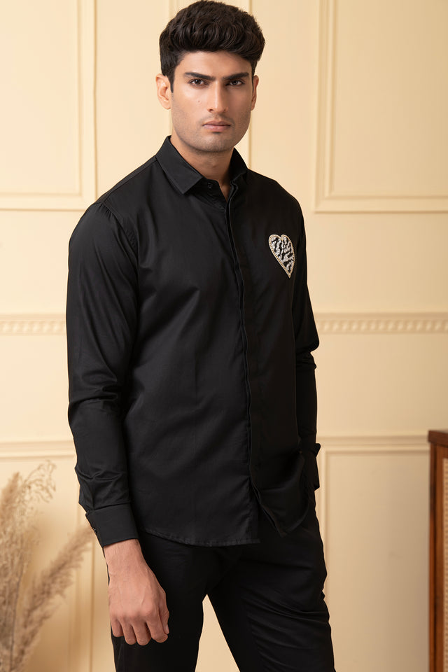 Felt — Black Hand Embroidered Giza Cotton Shirt