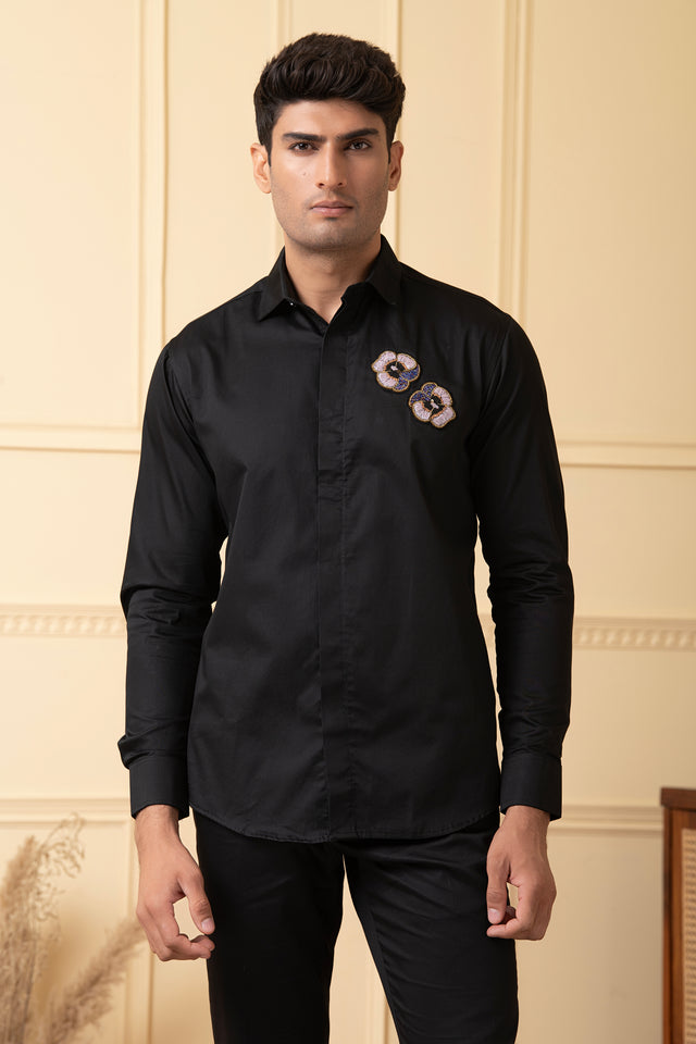 Flor — Black Hand Embroidered Giza Cotton Shirt