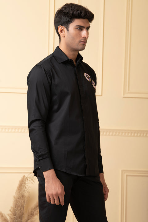 Flor — Black Hand Embroidered Giza Cotton Shirt