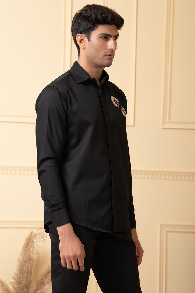 Flor — Black Hand Embroidered Giza Cotton Shirt