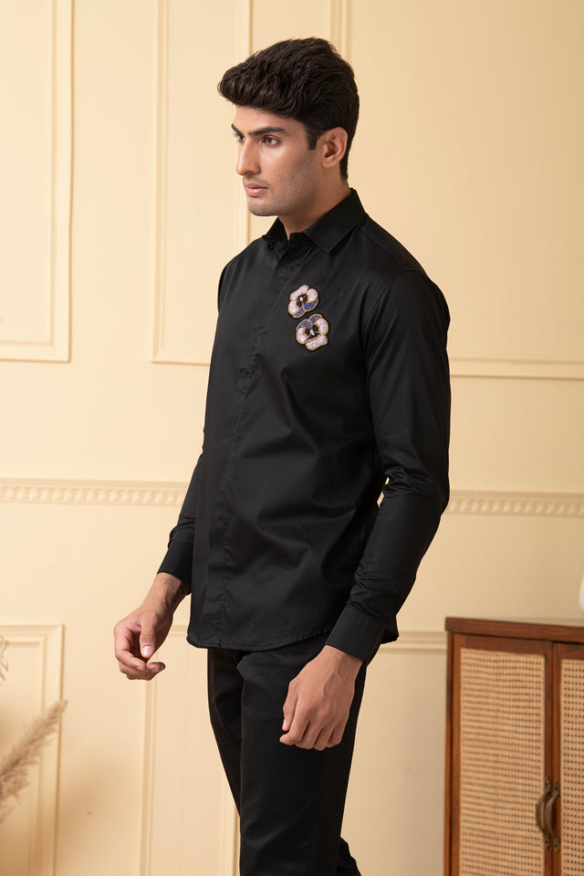 Flor — Black Hand Embroidered Giza Cotton Shirt
