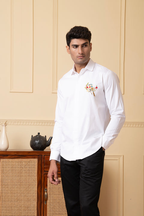 Aves — White Thread Embroidered Giza Cotton Shirt