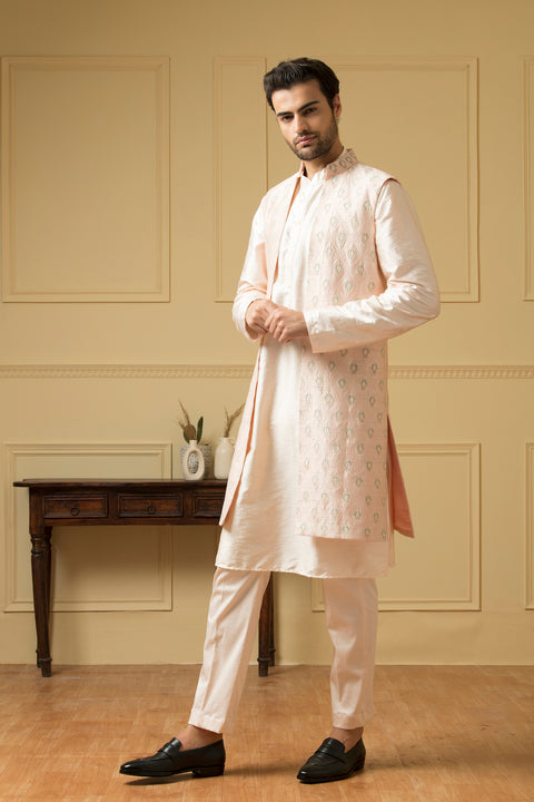 Mayaflor — Light Pink Embroidered Semi Raw Silk Indo-Western