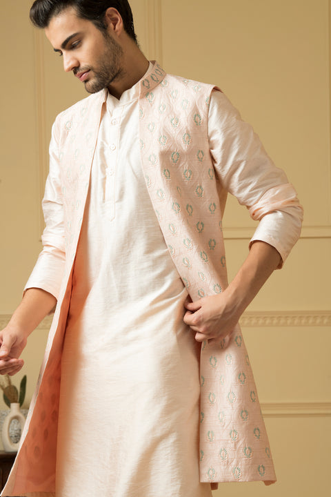 Mayaflor — Light Pink Embroidered Semi Raw Silk Indo-Western