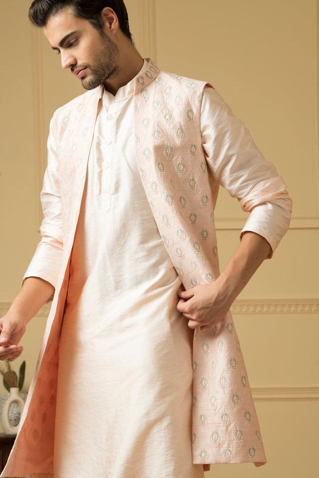 Mayaflor — Light Pink Embroidered Semi Raw Silk Indo-Western