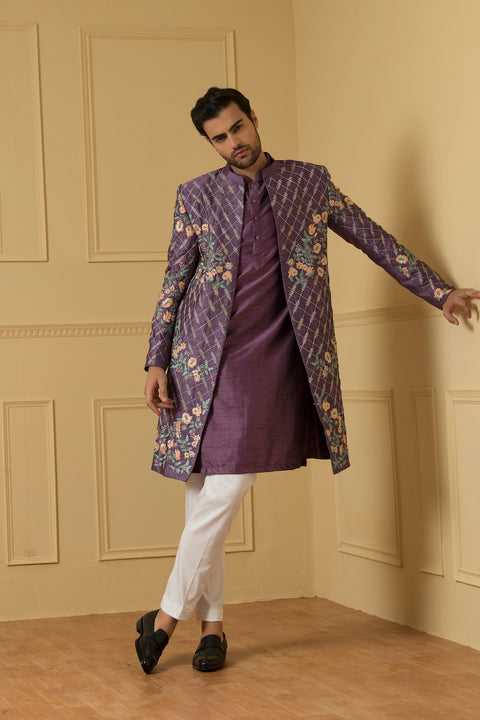 Sueno — Purple Heavy Zari Embroidered Semi Raw Silk Open Indo-Western