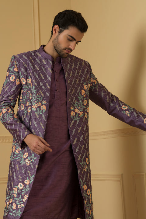 Sueno — Purple Heavy Zari Embroidered Semi Raw Silk Open Indo-Western