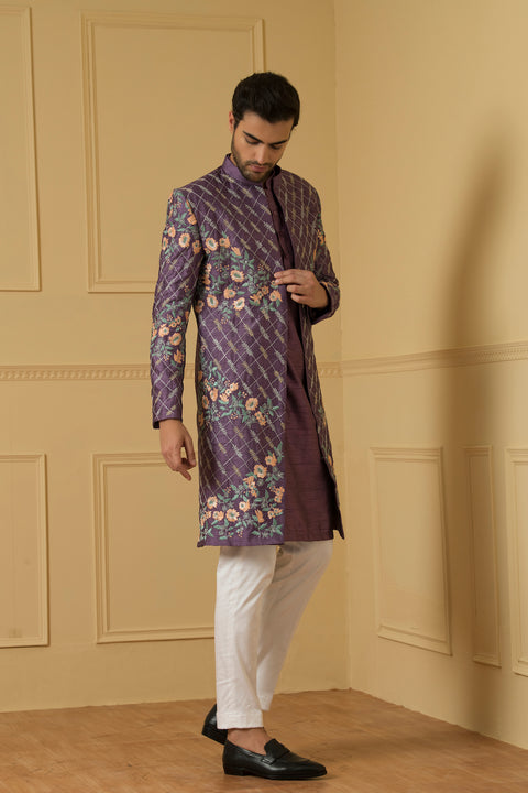 Sueno — Purple Heavy Zari Embroidered Semi Raw Silk Open Indo-Western